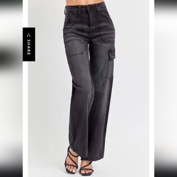 Risen High Rise Cargo Pocket Wide Jeans Size 9 29 RDP5534 BLACK - Picture 2 of 8